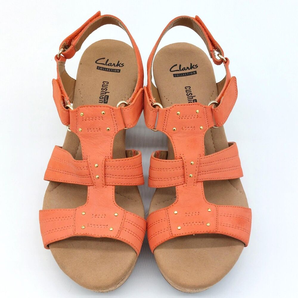 Clarks Collection Womens Sandals Sz 8.5M Salmon Leather Strappy Slingback Wedge